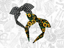 Load image into Gallery viewer, Sunflower Top Knot Headband, Buffalo check bowband, gift for her