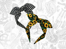 Load image into Gallery viewer, Sunflower Top Knot Headband, Buffalo check bowband, gift for her
